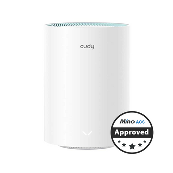 Cudy M1300 WiFi 5 mesh router. Black, compact design with integrated antennas and Gigabit Ethernet ports for reliable home network.