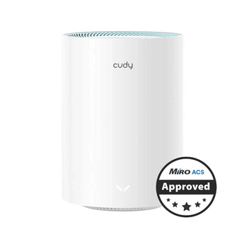 Cudy M1300 WiFi 5 mesh router. Black, compact design with integrated antennas and Gigabit Ethernet ports for reliable home network.