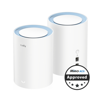 Cudy M1200 2-pack mesh WiFi system. Dual-band AC1200, white casing, with Fast Ethernet ports for reliable home network coverage.