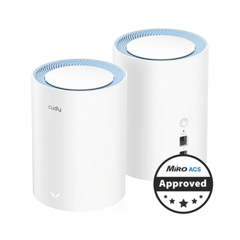 Cudy M1200 2-pack mesh WiFi system. Dual-band AC1200, white casing, with Fast Ethernet ports for reliable home network coverage.