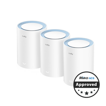 Cudy M1200 3-pack mesh WiFi system. Provides dual-band AC1200 WiFi 5 with fast Ethernet for whole-home wireless coverage.