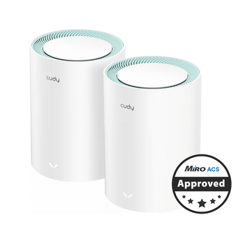 Cudy M1300 2-pack mesh WiFi system. Provides dual-band AC1200 Gigabit speeds for whole-home wireless coverage. Two white units.