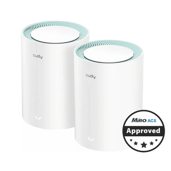 Cudy M1300 2-pack mesh WiFi system. Provides dual-band AC1200 Gigabit speeds for whole-home wireless coverage. Two white units.