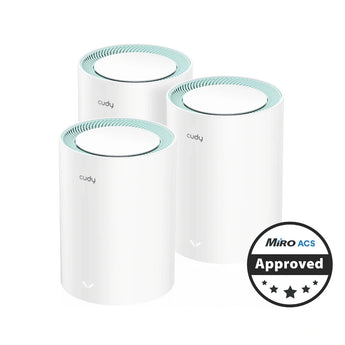 Cudy M1300 3-Pack Mesh WiFi system. Dual-band WiFi 5 with Gigabit Ethernet for reliable, whole-home wireless coverage.