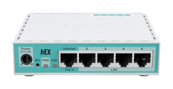 MikroTik hEX (E50UG) desktop router with five Gigabit Ethernet ports and one USB port for versatile network connectivity.