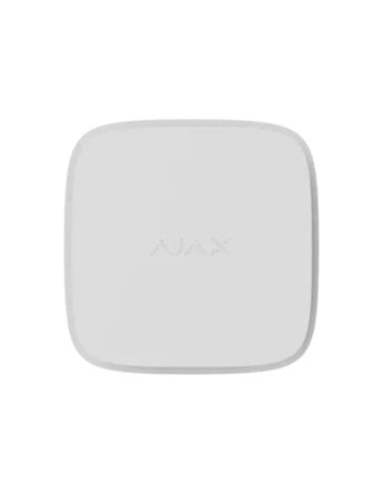 White AJAX LifeQuality smart air quality monitor displaying temperature, humidity, and CO2 levels wirelessly.