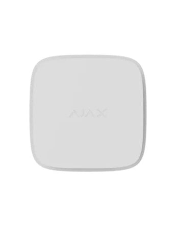 White AJAX LifeQuality smart air quality monitor displaying temperature, humidity, and CO2 levels wirelessly.