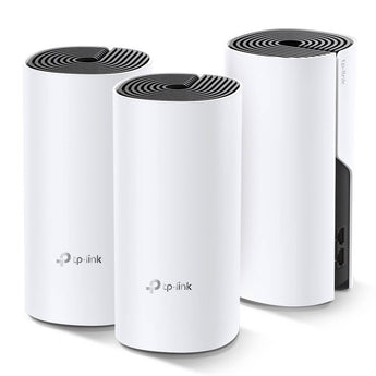 TP-Link Deco M4 AC1200 whole-home mesh Wi-Fi system, 3 white units providing seamless wireless coverage with Gigabit Ethernet ports.