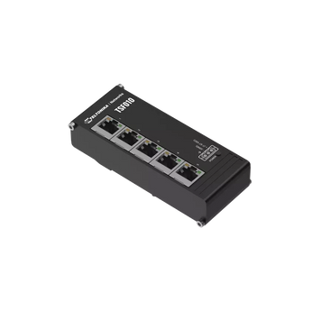 Teltonika TSF010 Industrial Flat Ethernet Switch. Compact, unmanaged, 5-port network switch with a 3-pin power input for industrial applications.
