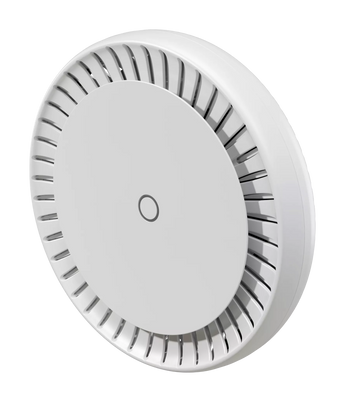 MikroTik cAP LTE12 ax: White, round ceiling access point with dual-band WiFi 6 and LTE connectivity for indoor use.