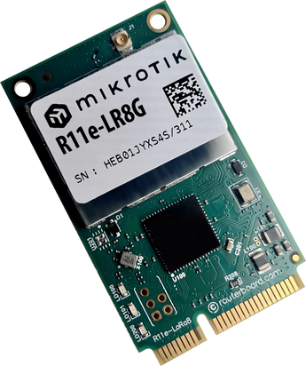 MikroTik MT-R11E-LR8G LoRa interface card. Features 868MHz, built-in GPS, and enhances long-range communication for IoT applications.