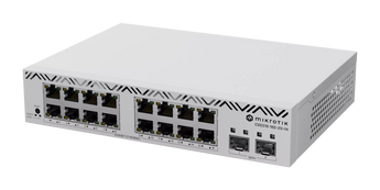 MikroTik CSS318-16G-2S+IN Cloud Smart Switch with 16 Gigabit Ethernet ports and 2 SFP+ ports in a rack-mountable form factor.