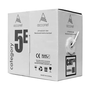 Acconet CAT5e 100m white Ethernet cable, solid copper UTP, in a convenient pull box for easy indoor network installation.