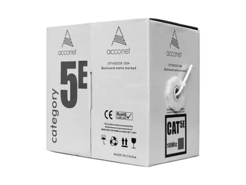 Acconet CAT5e 100m white Ethernet cable, solid copper UTP, in a convenient pull box for easy indoor network installation.