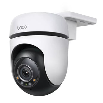 TP-Link Tapo TC41 outdoor security camera, white, panning and tilting, providing wide-angle surveillance with 2K resolution.