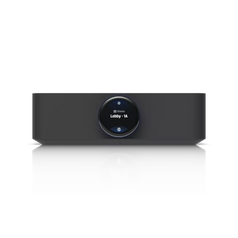 Ubiquiti UniFi PowerAmp Black (UPL-Amp-B): WiFi 5 streaming amplifier with touchscreen rotary knob and dual Gigabit Ethernet ports.