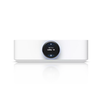 The Ubiquiti UniFi PowerAmp White, a Wi-Fi 5 streaming amplifier with a rotary knob and touchscreen for multi-zone audio.
