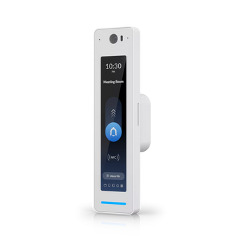 UniFi Access Reader G3 Pro: a sleek, wall-mounted access control reader with touchscreen, camera, and NFC/mobile unlock capabilities.
