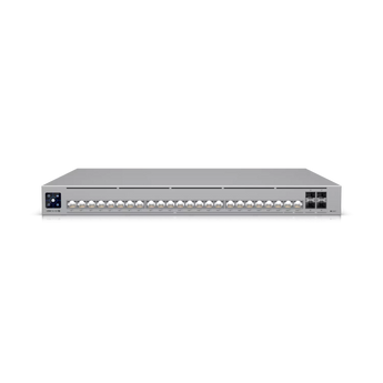 Ubiquiti UniFi Pro HD 24 Port PoE switch with Etherlighting, 2.5GbE, 10GbE, and 10G SFP+ ports for advanced networking.