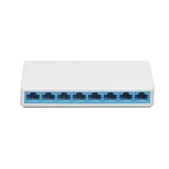 Mercusys MS108: A black, 8-port 10/100Mbps desktop switch for expanding home or small office networks. Plug-and-play for easy setup.