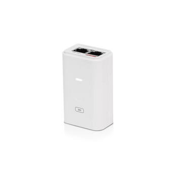 Ubiquiti Gigabit 24V 12W PoE Adapter (POE-24-12W-G-WH) providing power and data over Ethernet. White casing, compact design.