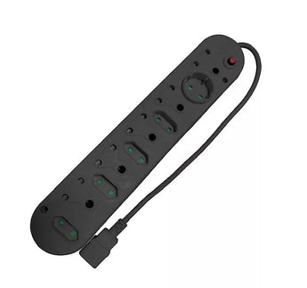 Black Acconet 10-Way Multiplug with South African 16A, 2-pin 5A, and round 5A sockets for versatile power distribution.