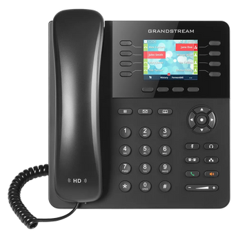 Grandstream GXP2135 desk phone with eight line buttons, a large display, and context-sensitive soft keys for efficient call management.