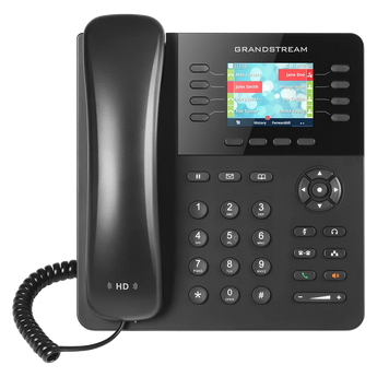 Grandstream GXP2135 desk phone with eight line buttons, a large display, and context-sensitive soft keys for efficient call management.