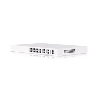 Ubiquiti UISP XGS OLT 8 Port (UISP-FIBER-OLT-XGS). A fiber optical line terminal with eight 10G XGS/XG/GPON ports and four 25G SFP28 uplink ports.