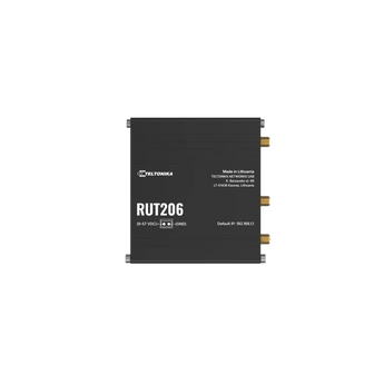 Teltonika RUT206 industrial 4G router with dual SIM slots, metal enclosure, and external antennas for reliable wireless connectivity.
