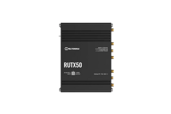 Teltonika RUTX50 industrial 5G router with dual SIM slots, multiple Ethernet ports, and robust metal enclosure for reliable network connectivity.