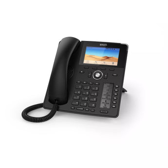 Snom D785 SIP phone with a color display, self-labeling keys, USB port, and Gigabit Ethernet. Ideal for professional desktop VoIP communication.