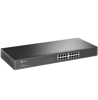 TP-Link TL-SG1016: 16-port gigabit switch in a rackmount design, providing high-speed wired network connectivity for businesses and home offices.