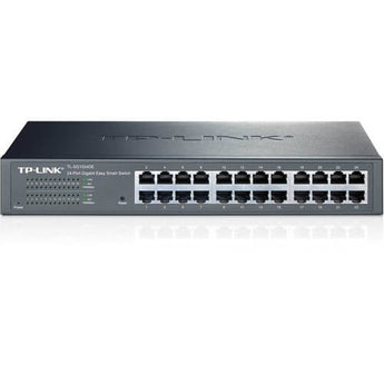 TP-Link 24-Port Gigabit Easy Smart Switch, TL-SG1024DE, with 24 RJ45 ports for desktop or rackmount use, sturdy metal case.