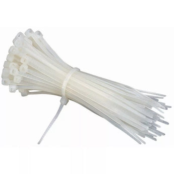 A pack of 100 white Acconet 370x4.8mm nylon cable ties, used for bundling and securing network cables and other items.