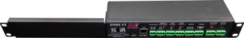 Micro Instruments MI-SNSR-ERM-6 rack mount server room environmental monitor with LCD display and sensor inputs.
