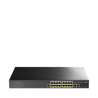 Cudy GS2018PS2-200W: 16-port managed Gigabit PoE+ switch with 2 Gigabit uplink ports and 2 Gigabit SFP slots. Black, rack-mountable.