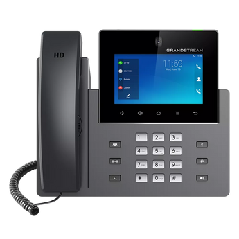Grandstream GXV3350: 16-line enterprise video phone with touchscreen, Gigabit ports, Wi-Fi, Bluetooth, and Android interface.