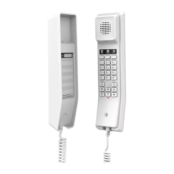 White Grandstream GHP610 hotel phone with 2 lines, HD speaker, customizable faceplate, and speed dial. Ideal for hotel guest rooms.