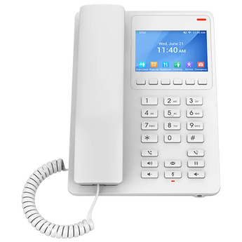 Grandstream GHP630W hotel phone. White, 2-line phone with a 3.5'' color LCD and WiFi 6. Ideal for hotel rooms and similar environments.