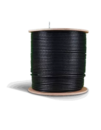 Black Acconet CAT6 UV-resistant outdoor Ethernet cable, 500m roll, CCA SF/TP shielding for reliable data transmission.