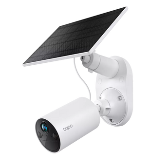 TP-Link Tapo TC82 KIT solar security camera with panel, providing continuous power for outdoor surveillance and customizable light & sound alarms.