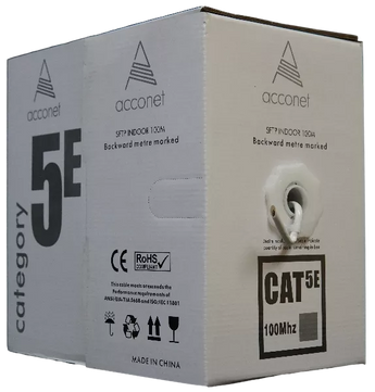 Acconet CAT5e 100m white ethernet cable in pull box. CCA STP for indoor networking.