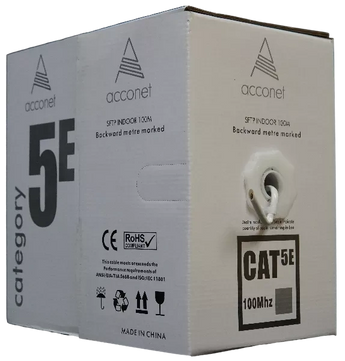 Acconet CAT5e 100m white ethernet cable in pull box. CCA STP for indoor networking.