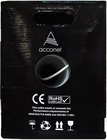 White Acconet CAT6 305m solid copper UTP cable in pull box. Ideal for indoor Ethernet networks. Easy dispensing.