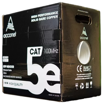 Acconet CAT5e 305m white Ethernet cable in a pull box. Solid copper UTP for indoor networking.