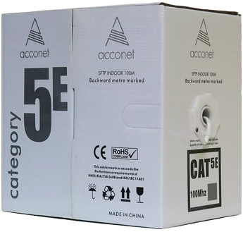 100m white Acconet CAT5e solid copper STP cable in a pull box for easy indoor ethernet network installation.