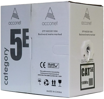 100m white Acconet CAT5e solid copper STP cable in a pull box for easy indoor ethernet network installation.