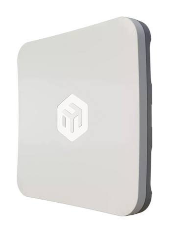 MikroTik SXTsq 5 ax outdoor CPE. Compact, square design with integrated 16dBi antenna for 5GHz Wi-Fi 6, mounted on a pole.