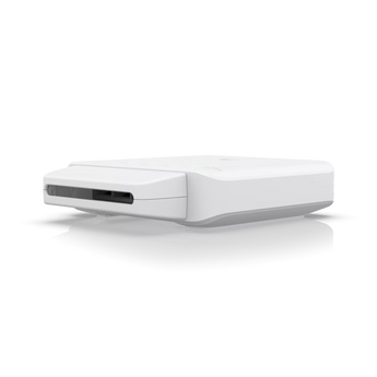 Ubiquiti UniFi Flex switch with five Gigabit RJ45 ports, one PoE input, and four PoE output for powering devices.